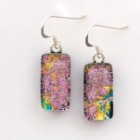 Pink gold and lime dichroic glass earrings