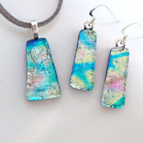 Turquoise and pastel yellow fused dichroic glass pendant and earrings jewellery set