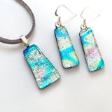 Turquoise and pastel yellow fused dichroic glass pendant and earrings jewellery set