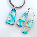 Turquoise and pastel yellow fused dichroic glass pendant and earrings jewellery set