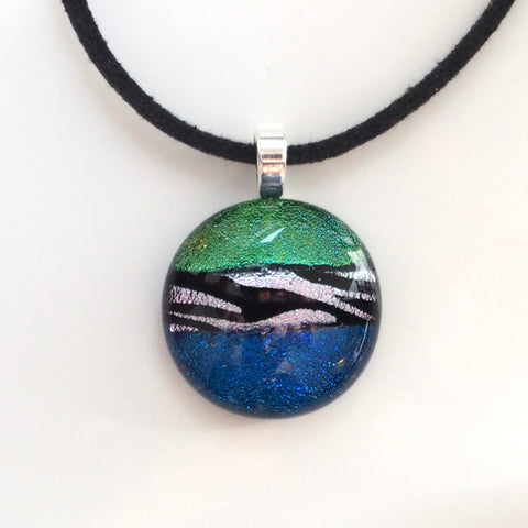 Green and peacock blue round fused dichroic glass pendant