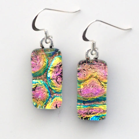 Pink gold and turquoise dichroic glass earrings