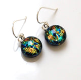 Orange green and turquoise dichroic glass earrings