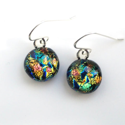 Orange green and turquoise dichroic glass earrings