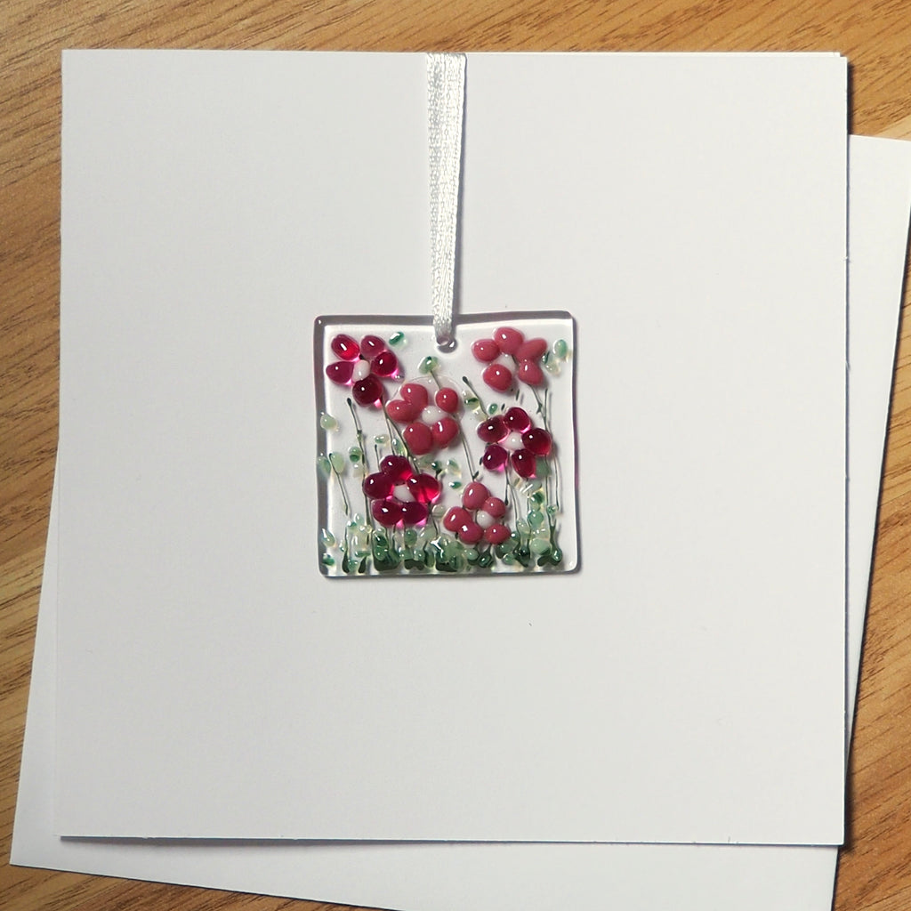 Fused glass greetings card pink flowers