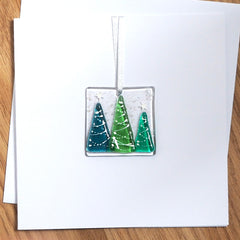 Three Christmas trees fused glass greetings card