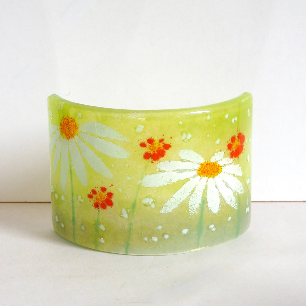 Fused glass candle screen - white daisy design on green