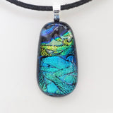 Turquoise green and deep blue fused dichroic glass pendant