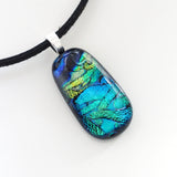 Turquoise green and deep blue fused dichroic glass pendant