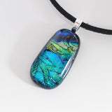 Turquoise green and deep blue fused dichroic glass pendant