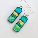 Turquoise gold and green dichroic glass earrings