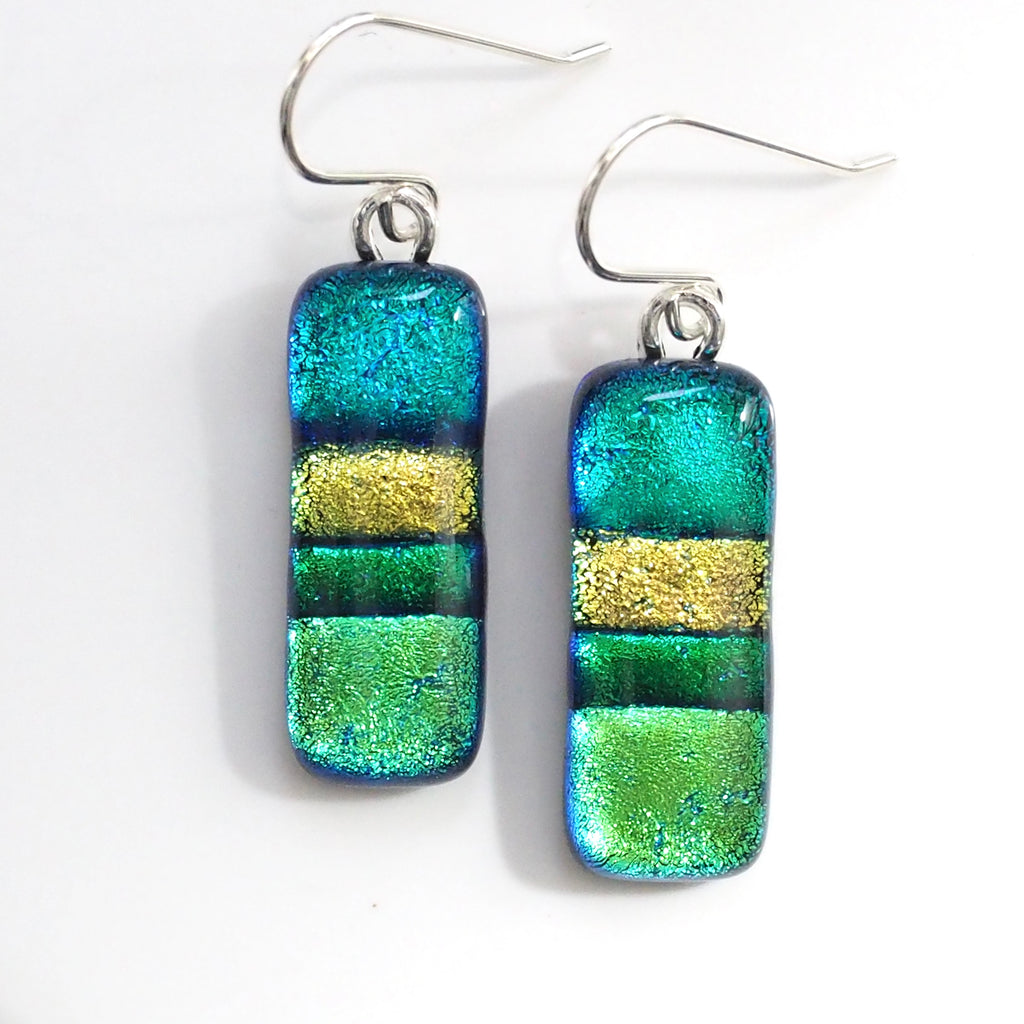 Turquoise gold and green dichroic glass earrings