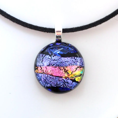 Purple blue and pink fused glass pendant