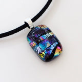 Blue silver purple and orange fused glass pendant