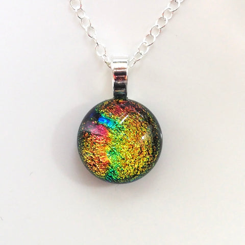 Gold orange and green fused dichroic glass pendant