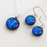 Blue turquoise fused dichroic glass pendant and earrings jewellery set