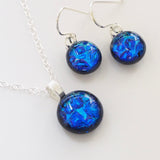 Blue turquoise fused dichroic glass pendant and earrings jewellery set