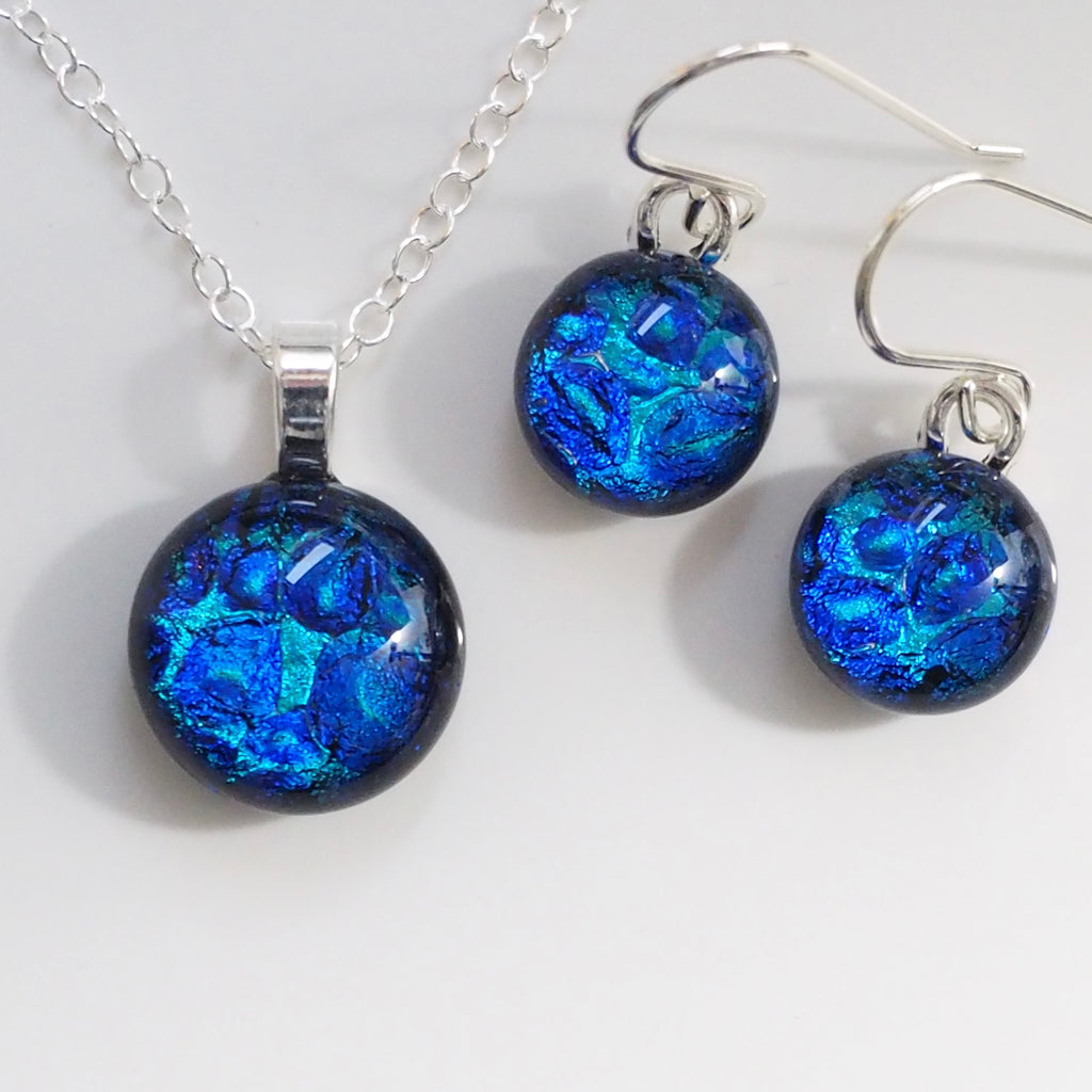 Blue turquoise fused dichroic glass pendant and earrings jewellery set