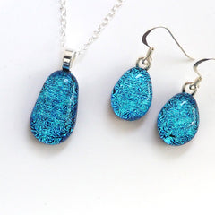 Turquoise dichroic glass pendant and earrings jewellery set