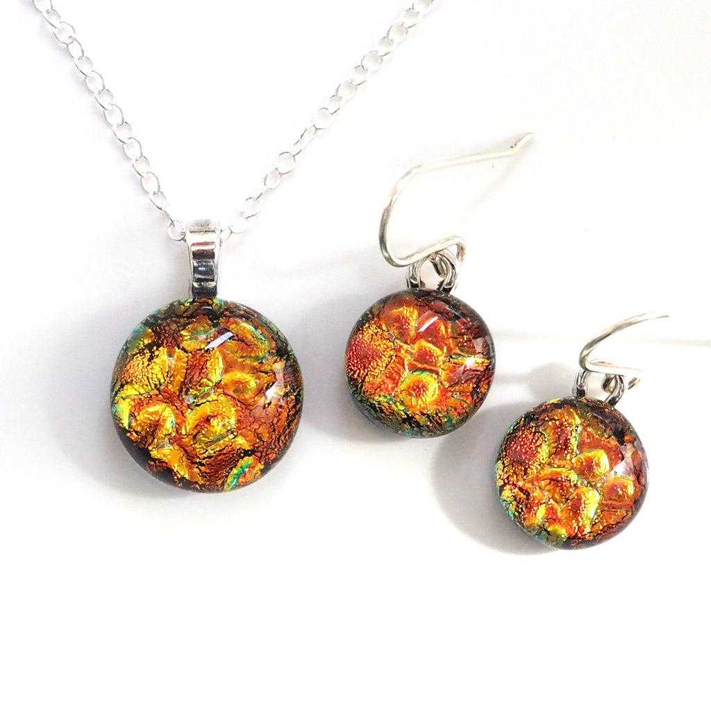 Orange gold glass pendant and earrings jewellery set