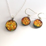 Orange gold glass pendant and earrings jewellery set