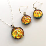 Orange gold glass pendant and earrings jewellery set