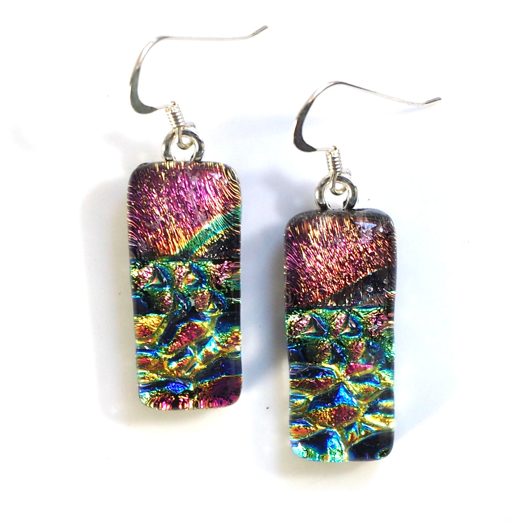 Dusky pink blue and gold dichroic glass earrings