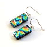 Mosaic pink yellow and blue dichroic glass earrings