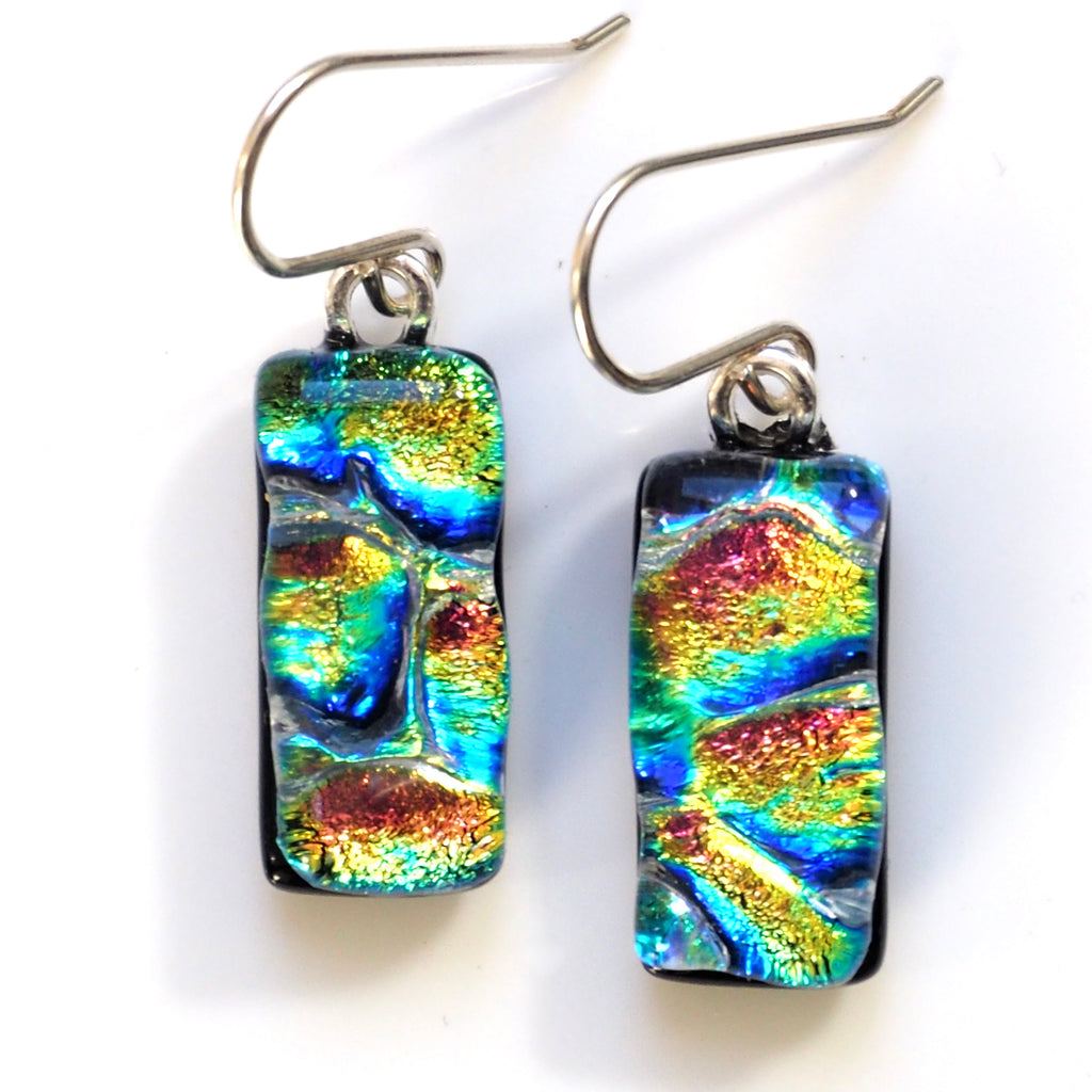 Mosaic pink yellow and blue dichroic glass earrings