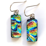 Mosaic pink yellow and blue dichroic glass earrings