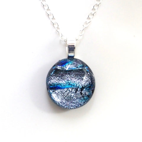 Silver and blue fused dichroic glass pendant