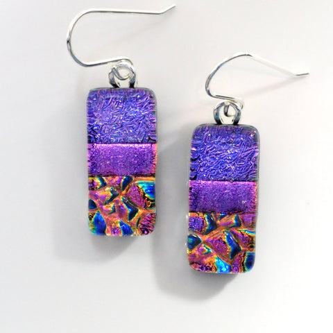 Purple pink and blue dichroic glass earrings