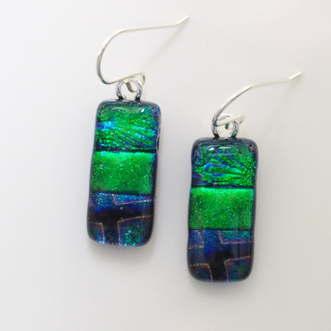 Emerald green peacock blue dichroic glass earrings