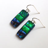 Emerald green and blue dichroic glass earrings