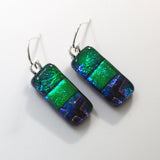 Emerald green and blue dichroic glass earrings