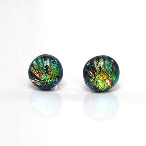 Golden yellow and turquoise dichroic glass stud earrings