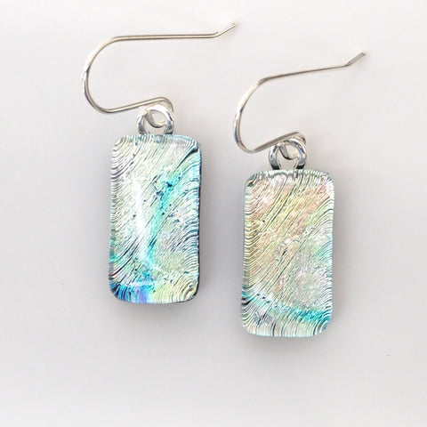 Pastel pearl white and blue dichroic glass earrings