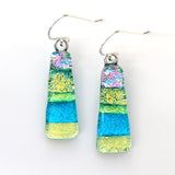 Yellow blue and pink dichroic glass earrings