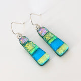 Yellow blue and pink dichroic glass earrings