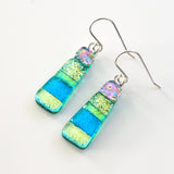 Yellow blue and pink dichroic glass earrings