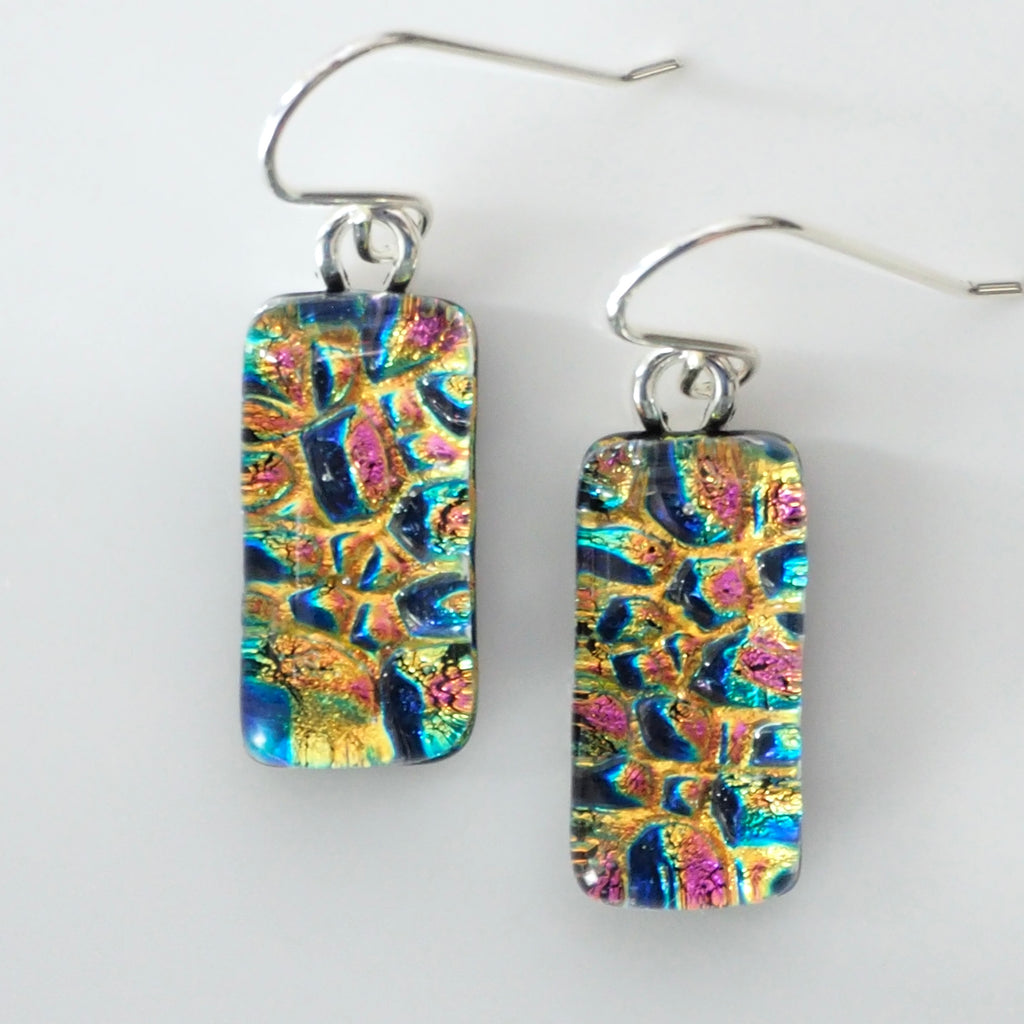 Deep blue gold and pink dichroic glass earrings