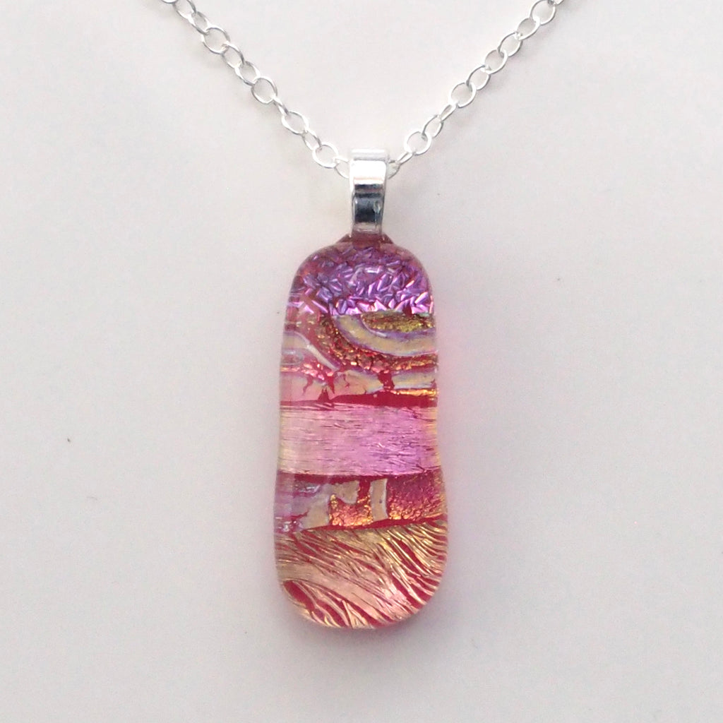 Pink and gold fused dichroic glass pendant