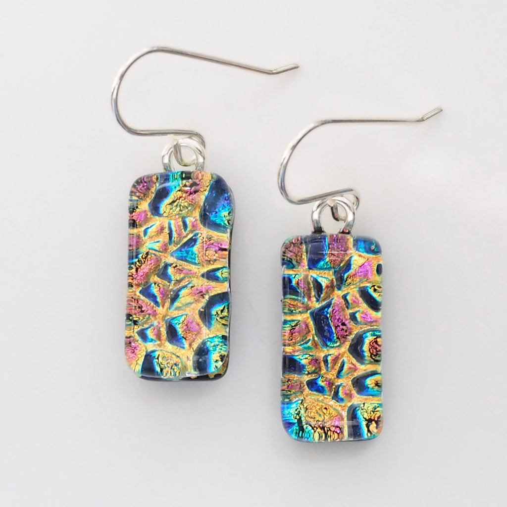 Gold pink and dark blue dichroic glass earrings