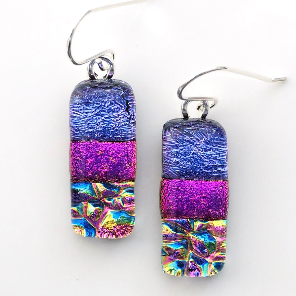 Purple pink and blue dichroic glass earrings