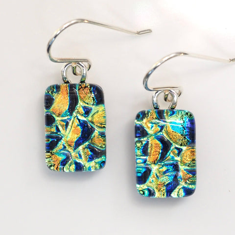 Golden yellow and turquoise dichroic glass earrings