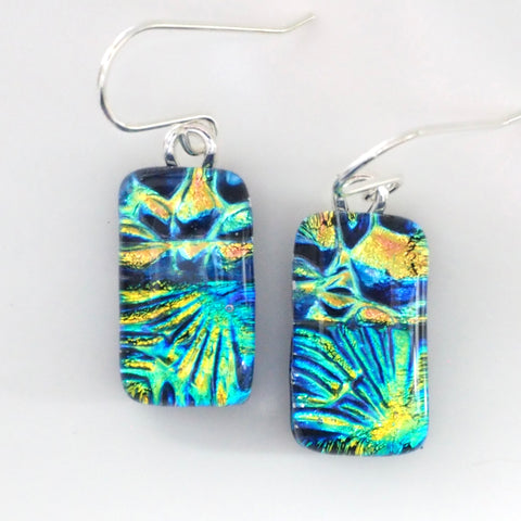 Turquoise blue and gold dichroic glass earrings