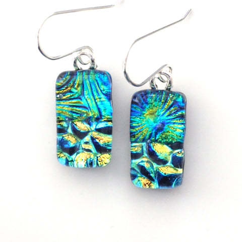 Turquoise, deep blue and gold dichroic glass earrings