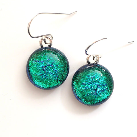 Emerald blue round dichroic glass earrings
