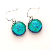 Emerald blue round dichroic glass earrings
