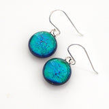 Emerald blue round dichroic glass earrings